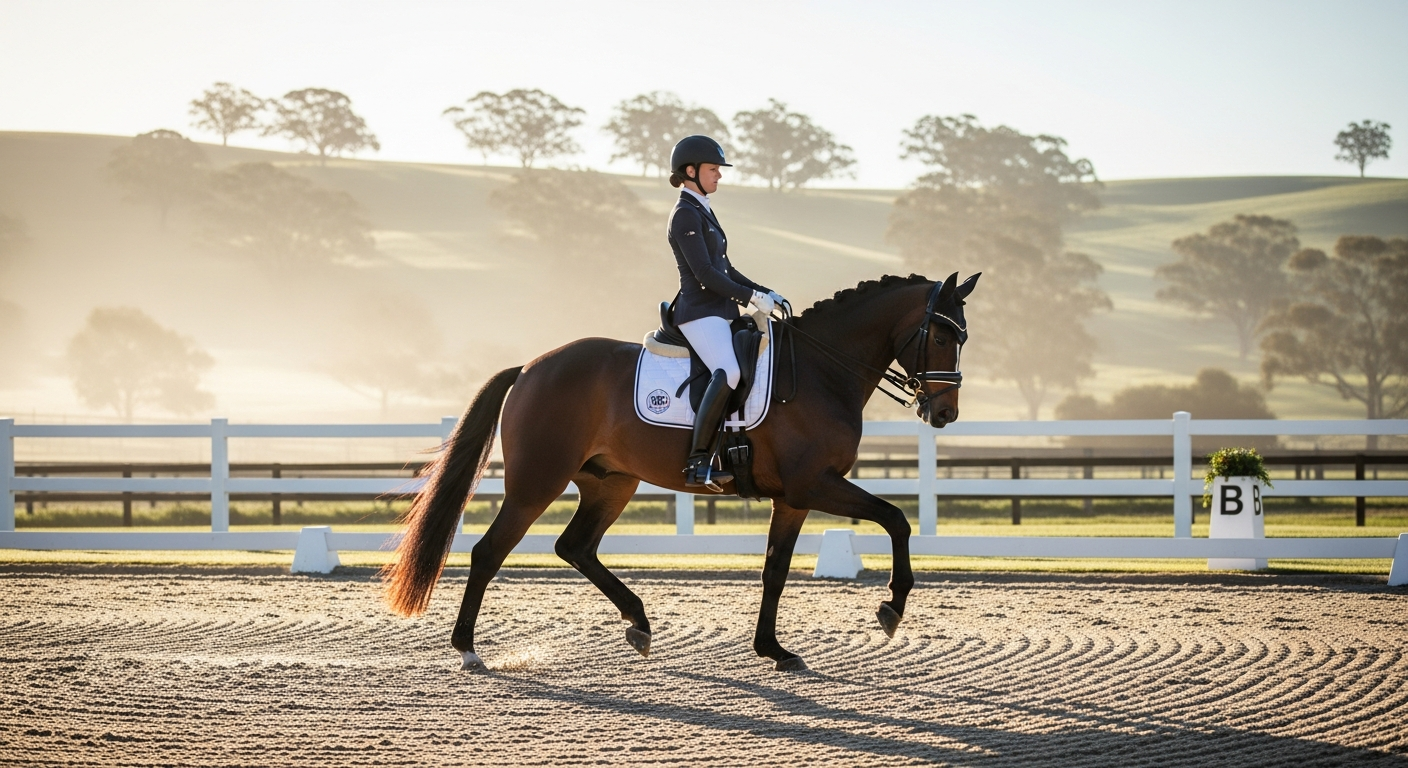 Dressage rider working with a horse at sunrise